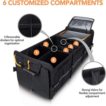 HEYTRIP Large Trunk Organizer With Built-in Leakproof Cooler Bag, 2 Tie-Down Straps, 4 Removable Dividers, Foldable Cover, Built with 2mm PE Board