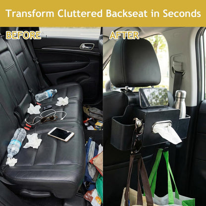 Backseat Car Organizer, 4 in 1 Multifunctional Car Back Seat Storage Organizer with Tissue Box, 2 Cup Holders, Phone Stand and Hooks, Automotive Seat Back Organizers (White)