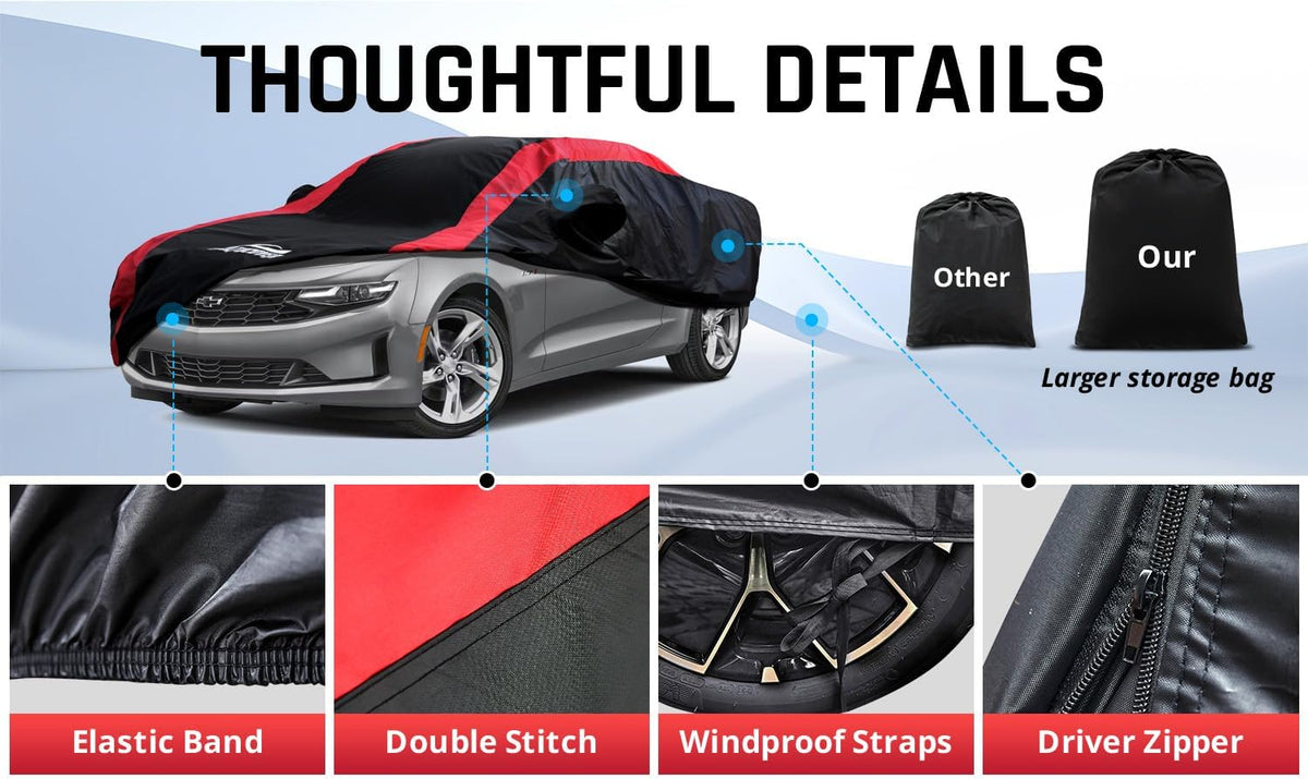 Car Cover Waterproof All Weather Protection with Red Stripe Design, Universal Fit Toyota Camry Solara, Ford Fusion, Kia Stinger Optima, Nissan Maxima, VW Passat, Subaru Legcy