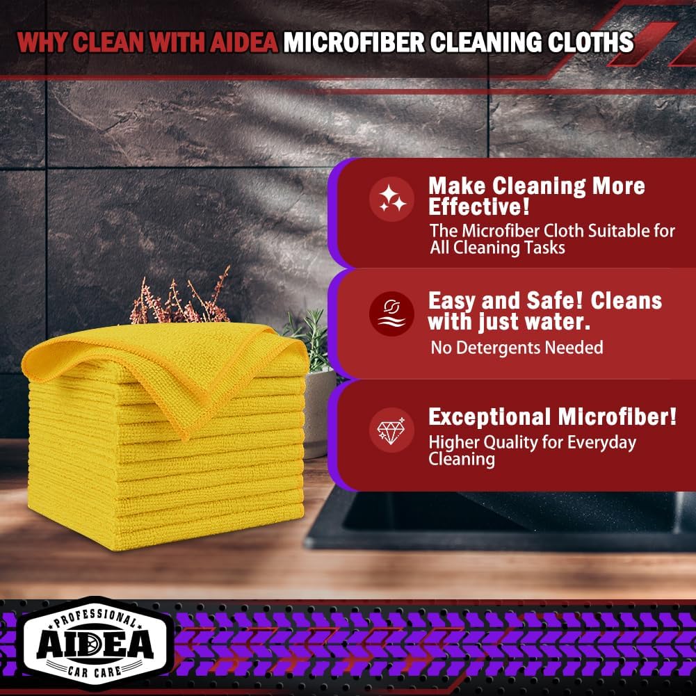 AIDEA Microfiber Cleaning Cloth, 50PK, Microfiber Towels for Cars, Premium Wash Cloths, Dusting Cloth Cleaning Rags, Absorbent Towels for SUVs, House, Kitchen, Window, Cleaning Supplies12×12"