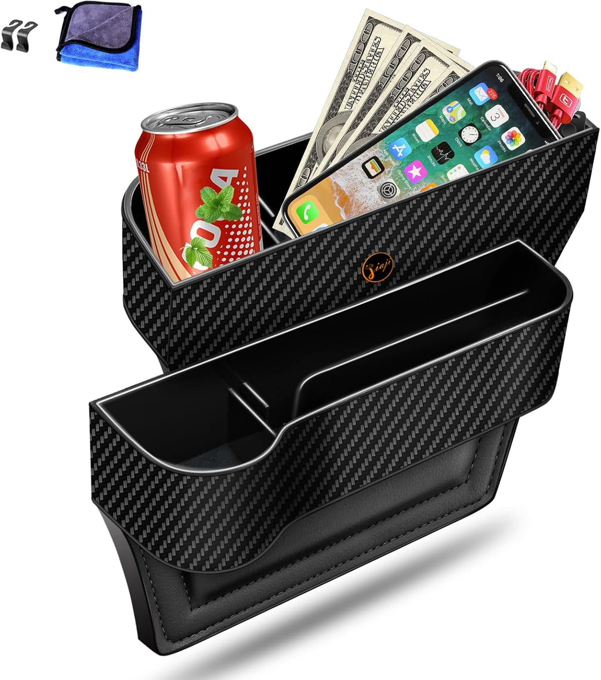 Car Seat Gap Filler Organizer, 2 Pack Multifunctional Car Seat Organizer, Auto Console Side Storage Box with Cup Holders 2 Seat Hooks for Drink, Car Organizer Front Seat for Holding Phone, Sunglasses