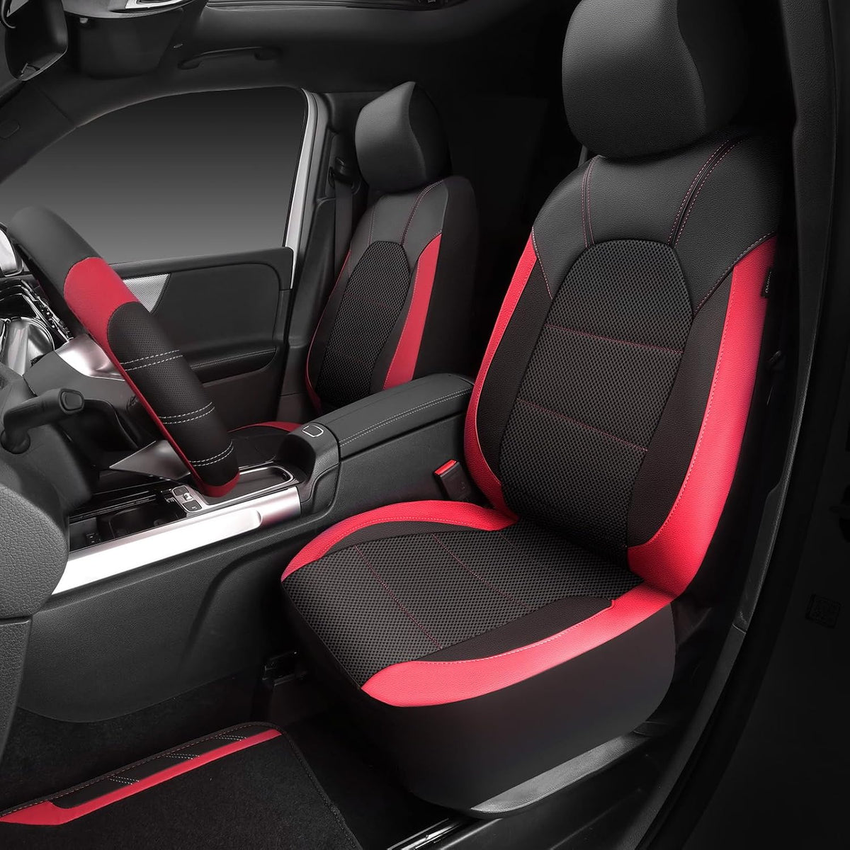CAR PASS Air Mesh Leather Car Seat Covers Full Set, Waterproof Car Floor Mats, Sporty Steering Wheel Cover 14.5-15in, Universal Fits for 95% Cars Truck SUV (Black and Blue)