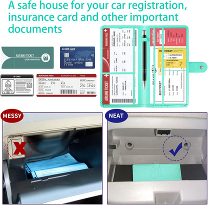 Car Registration and Insurance Card Holder with Magnetic Closure, Leather Vehicle Glove Box Automobile Documents Paperwork Wallet Case Organizer for ID, Driver's License, Key Contact Information Cards