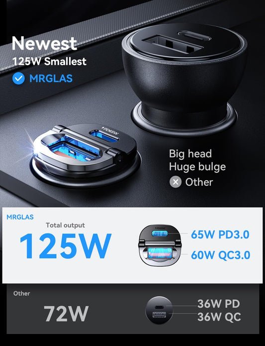 【Upgraded】 125W Car Charger USB C Super Fast Charging, [PD65W & QC60W][All Metal] MRGLAS Cigarette Lighter Car Charger, Car Electrical Accessories for iPhone 17 Pro Max iPad Samsung S26 S25 Pixel 10