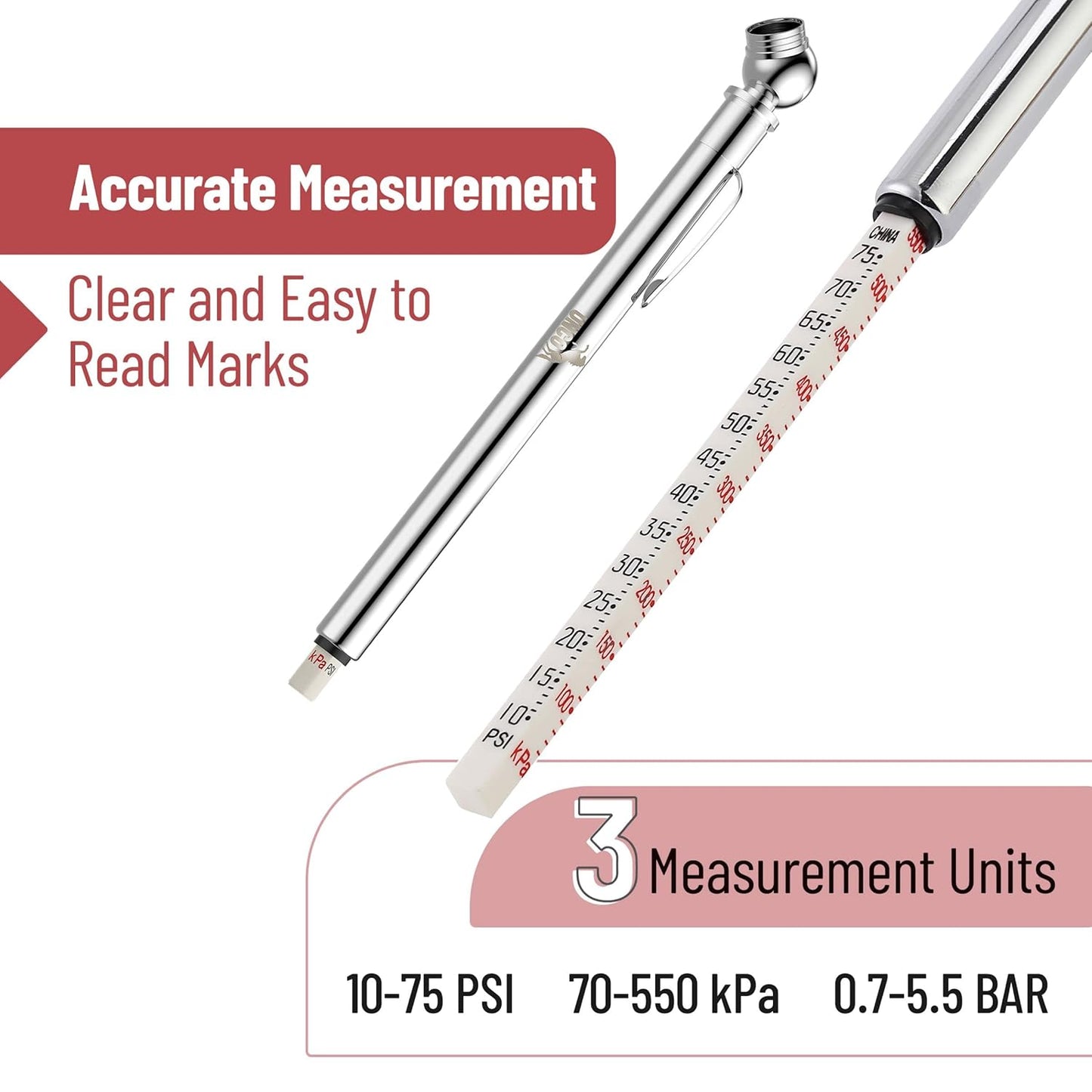 UNCO Pencil Tire Gauge, 2 Pack, 10-75 PSI, Car Tire Air Gauge