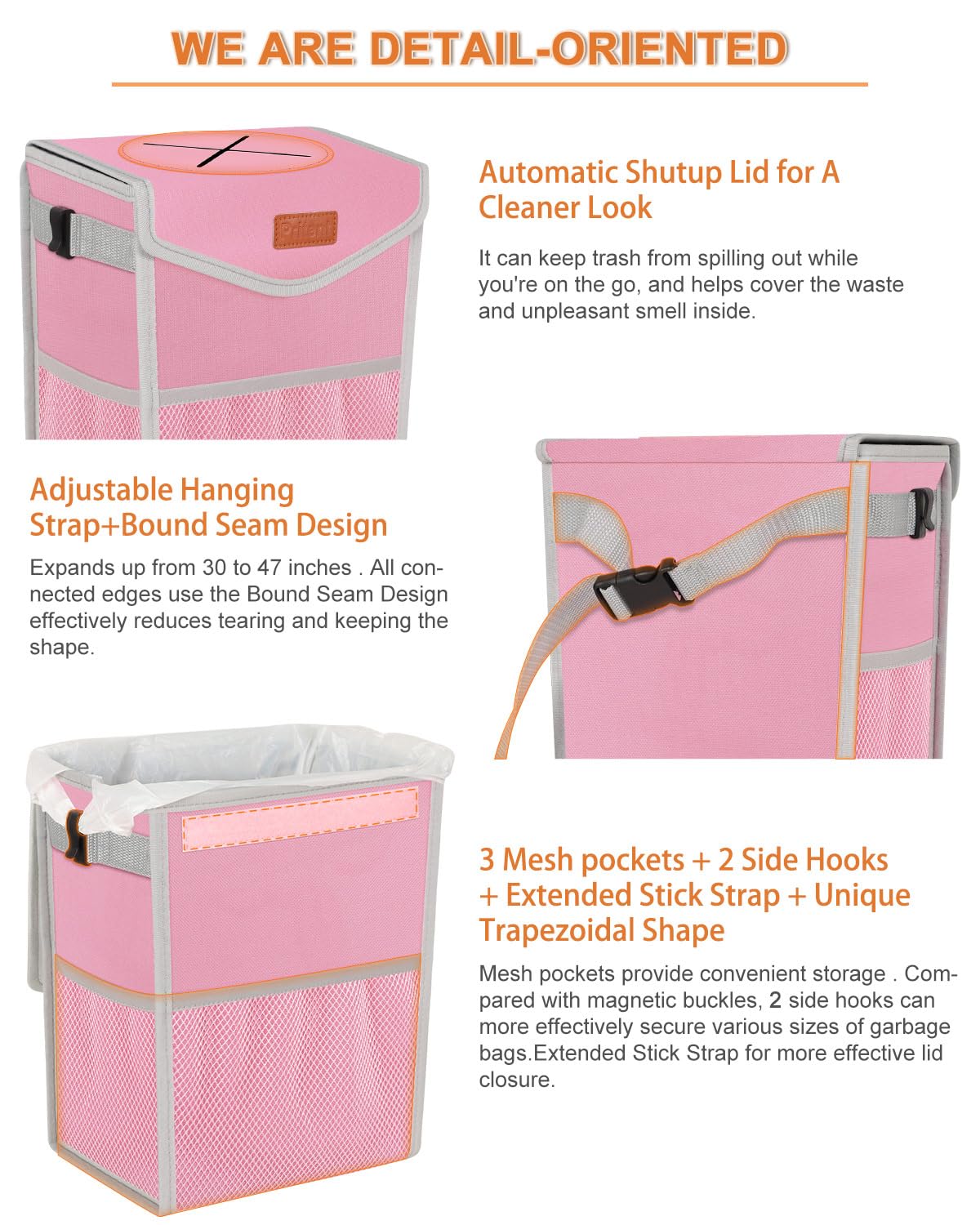 Pritent Car Trash Can with Lid, Cute Leakproof Car Trash Garbage Bag Hanging Vehicle Trash Bin Small Portable Automotive Garbage Cans Organizer for Back/Front Seat/Console(Trapezoid,Black)