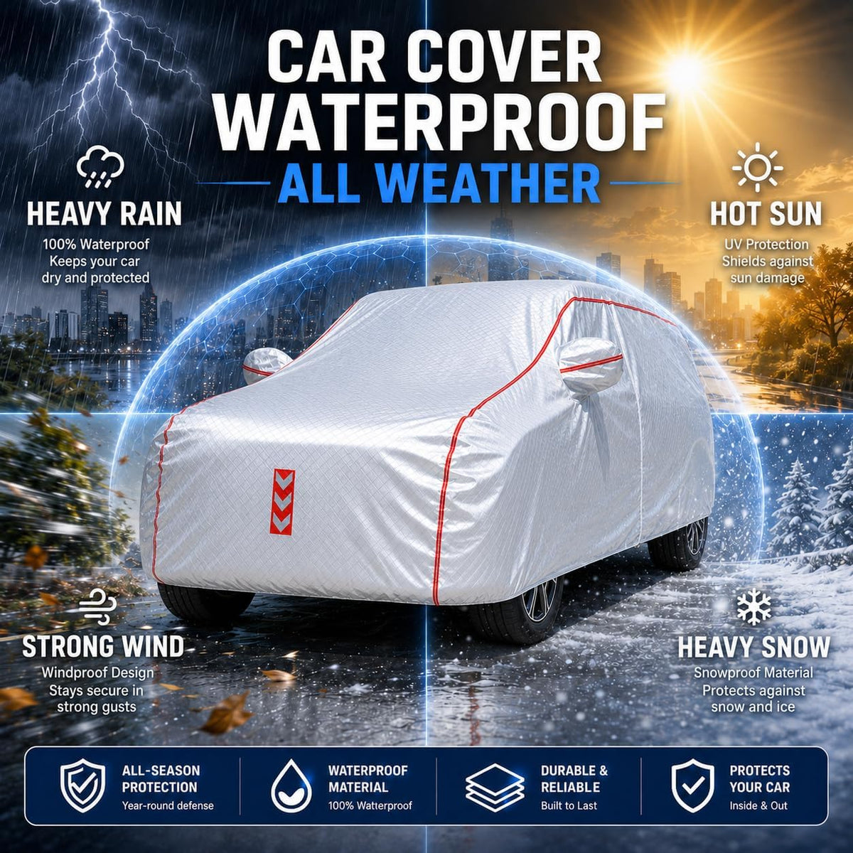 Car Cover for Sedan, Waterproof All Weather Heavy Duty, 360° Underbody Wrap Windproof Design, Quick Install Outdoor Vehicle Cover, Fits 186-193 in