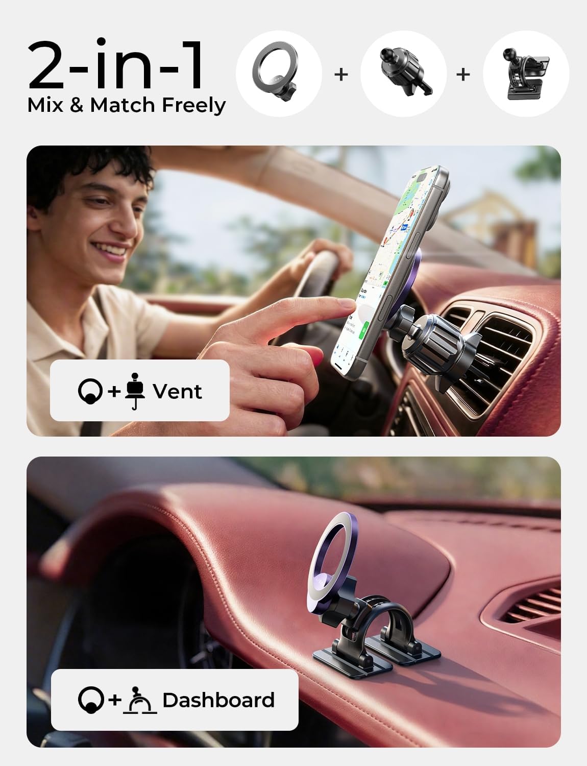 LISEN for MagSafe Car Phone Mount -Strong Magnets Magnetic Phone Holders for Your Car 2-in-1 Vent Dashboard Magnet Cell Phones Holder Mounts Car Accessories Gitfs for Men Women fit iPhone, Black | Dash Accents
