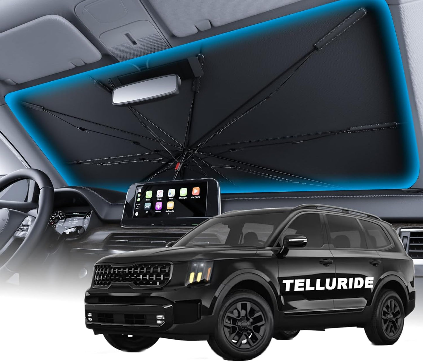 Wigoo Windshield Sun Shade Umbrella for Tesla Model Y [100% Sun Blockage, Ice Cooling Fabric] Foldable Heat Insulation Front Window Sunshade Umbrella for Tesla Model Y 2020–2026 (Juniper)