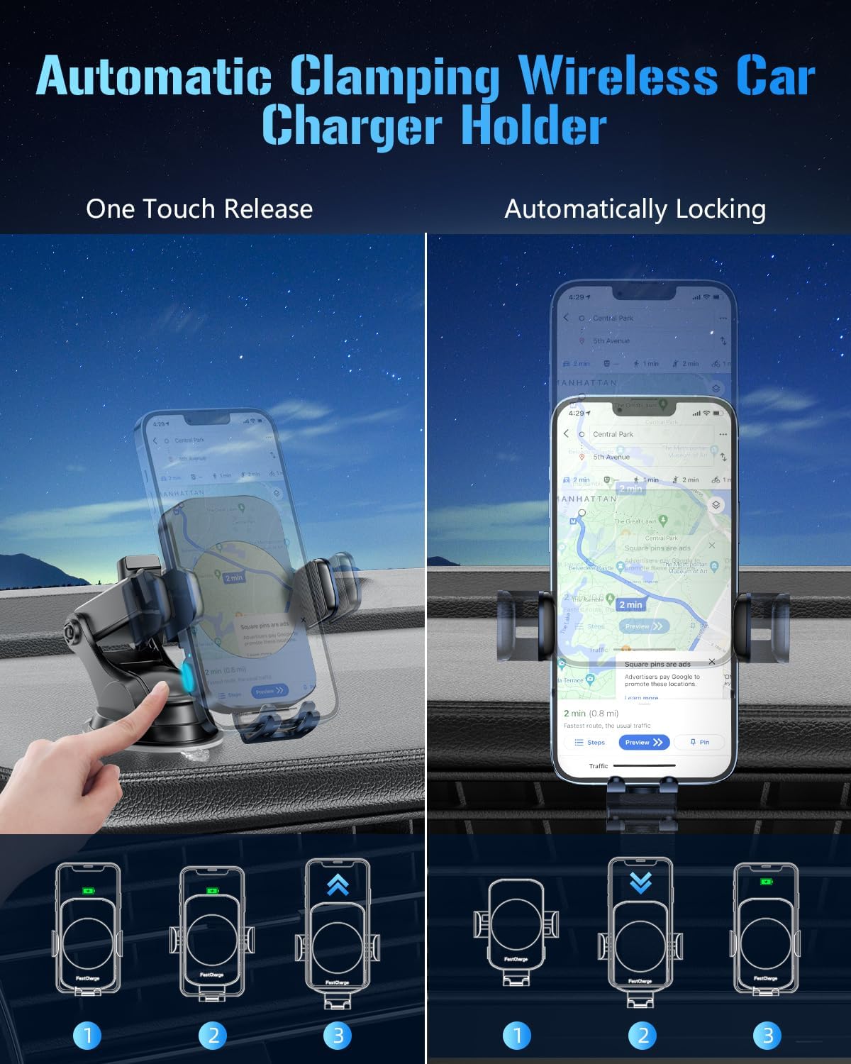 3-in-1 Wireless Car Charger Mount, 15W Fast Charging Auto-Clamping Phone Holder for iPhone 17 16 15 14, Samsung Galaxy S24 S23, Dashboard, Vent & Windshield Car Mount(Black)