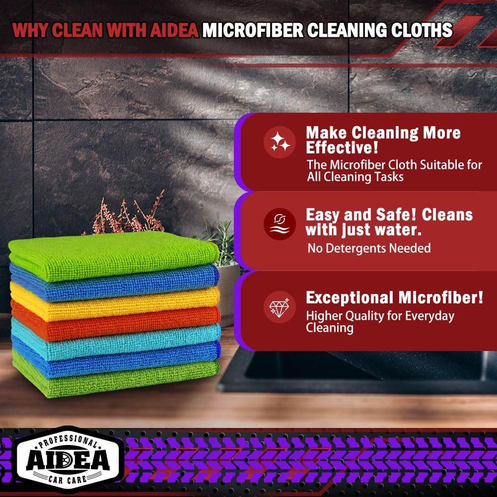 AIDEA Microfiber Cleaning Cloth, 50PK, Microfiber Towels for Cars, Premium Wash Cloths, Dusting Cloth Cleaning Rags, Absorbent Towels for SUVs, House, Kitchen, Window, Cleaning Supplies12×12"