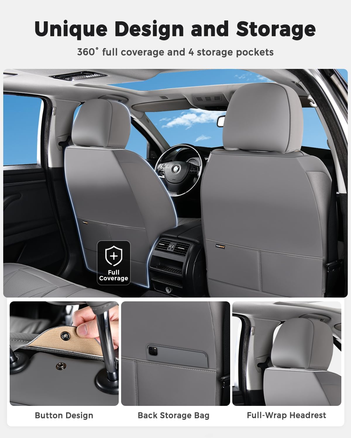 Huidasource Coffee Seat Covers Full Set, Universal Fit for Most Cars Trucks SUV, Full Coverage Leather Seat Cover, Airbag, Cupholder Compatible, Velcro Adjustable, Heaating/Cooling Function Retain