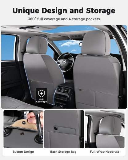 Huidasource Coffee Seat Covers Full Set, Universal Fit for Most Cars Trucks SUV, Full Coverage Leather Seat Cover, Airbag, Cupholder Compatible, Velcro Adjustable, Heaating/Cooling Function Retain