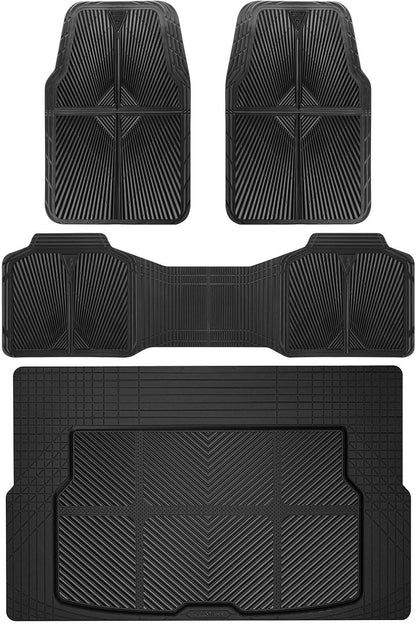 CAR PASS Rubber Floor Mats, All Weather Waterproof Trim-to-Fit Automotive Mats for Cars Trucks SUV, Anti-Slip Easy Clean, Heavy Duty Full Set 3-Piece, All Black