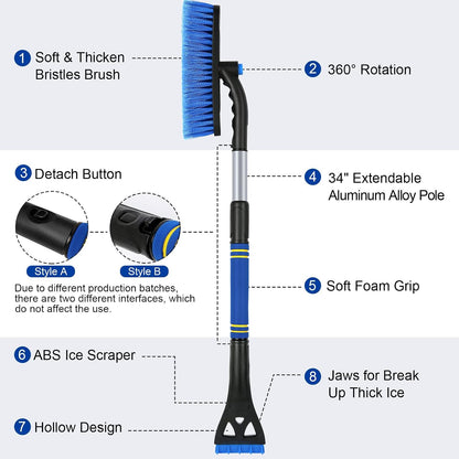 34" Extendable Ice Scrapers for Car Windshield 2-in-1 Snow Brush for Car Snow Scraper for Car Snow Scraper and Drush with Ergonomic Foam Grip for Cars, Trucks, SUVs with 360° Pivoting Brush Head Blue
