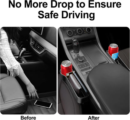 Car Seat Gap Filler, 2 Pack Car Seat Gap Filler Organizer with Cup Holders & 2 Seat Hooks, Car Console Storage Organizer, Car Organizer Front Seat for Storing Phones, Keys, Drinks, Sunglasses