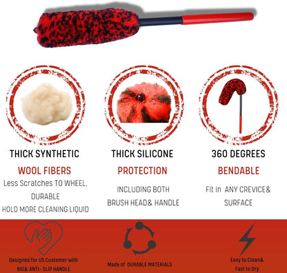 oesee Professional 4 Pack Long Handle Wheel Brush Kit for Cleaning Wheel and Tire- 2X Soft Wheel Cleaning Brush, Detailing Brush and Stiff Tire Brush, Bendable& Durable Wheel Rim Cleaner Brush Set