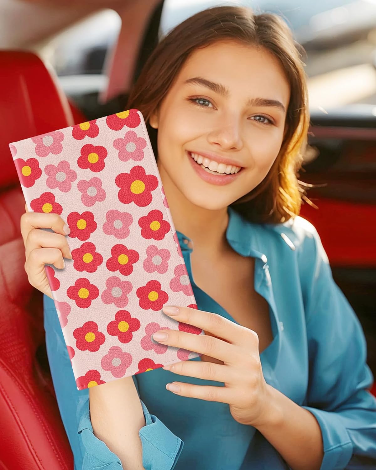 Slohif Car Registration and Insurance Card Holder with Magnetic Shut - Vehicle Glove Box Organizer Women Leather Automobile License Holders Coasters Auto Accessories Case for Document,Strawberry