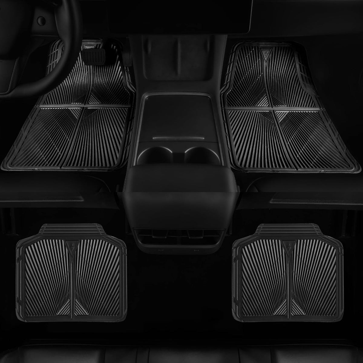 CAR PASS Rubber Floor Mats, All Weather Waterproof Trim-to-Fit Automotive Mats for Cars Trucks SUV, Anti-Slip Easy Clean, Heavy Duty Full Set 3-Piece, All Black