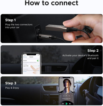 UGREEN Aux to Bluetooth 6.0 Car Adapter with LDAC, 3.5mm Aux Adapter Built-in Microphone, Car Bluetooth Audio Receiver for Hands-Free Calls Compatible with Speaker & Home Audio