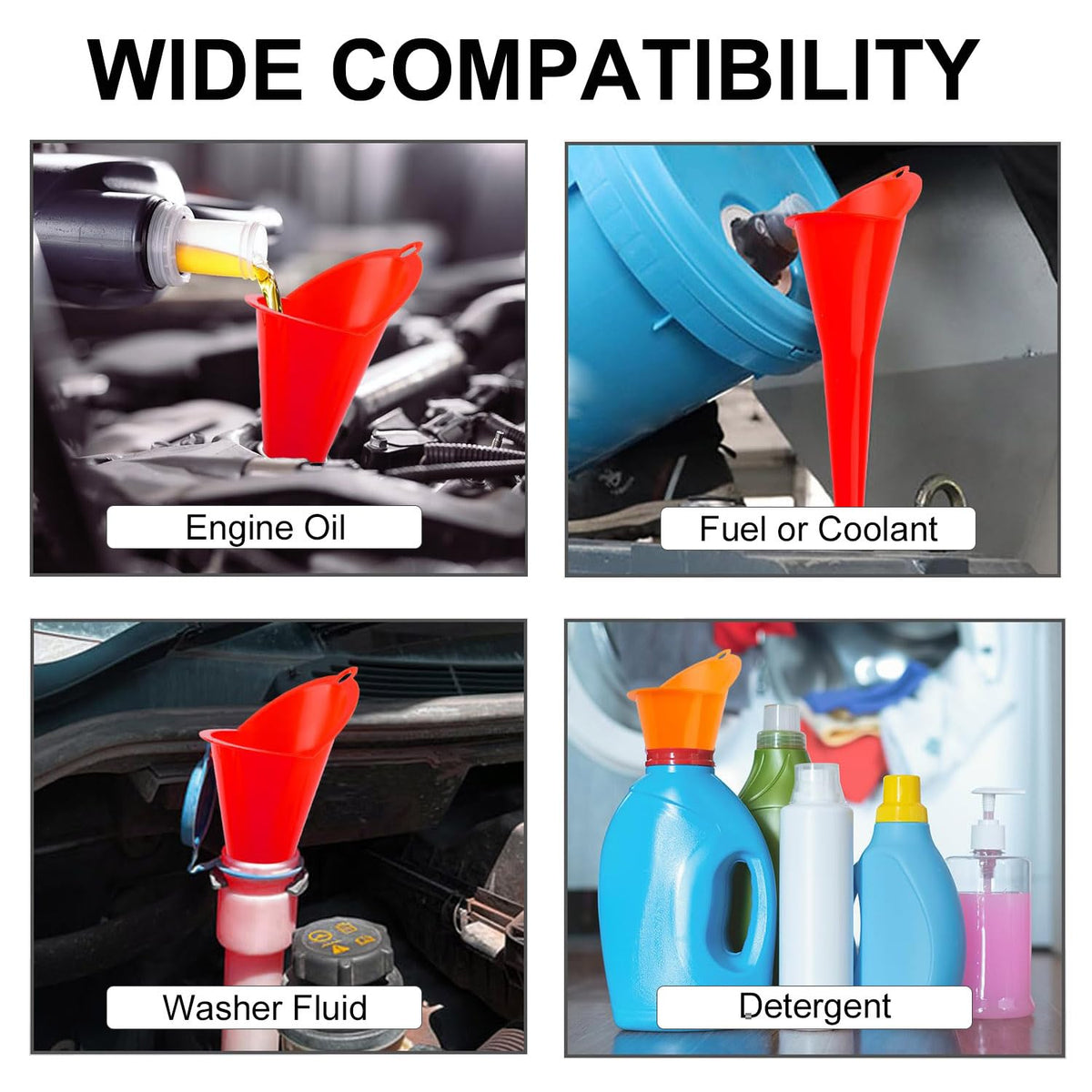 3-Pack Long-Neck Oil Funnels, 11" Multi-Purpose Funnels for Automotive & Motorcycle Use – Reusable Funnel for Oil, Gas & Transmission Fluid (Orange&Blue&Black)