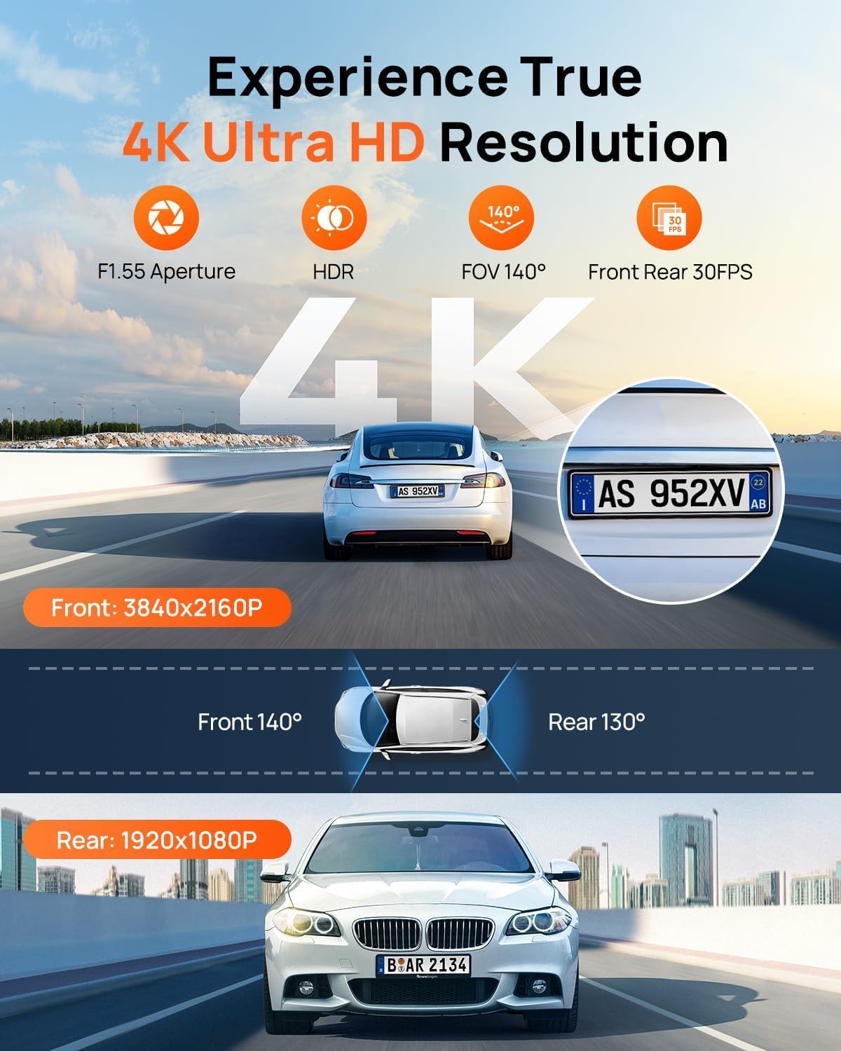 70mai 4K Dash Cam Front and Rear, Built in Wi-Fi 6 & GPS Car Camera, Super Night Vision, ADAS, 3'' IPS Screen, 24H Parking Mode, Time-Lapse, Loop Recording, with 128GB Card (A800SE)
