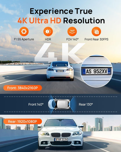 70mai 4K Dash Cam Front and Rear, Built in Wi-Fi 6 & GPS Car Camera, Super Night Vision, ADAS, 3'' IPS Screen, 24H Parking Mode, Time-Lapse, Loop Recording, with 128GB Card (A800SE)