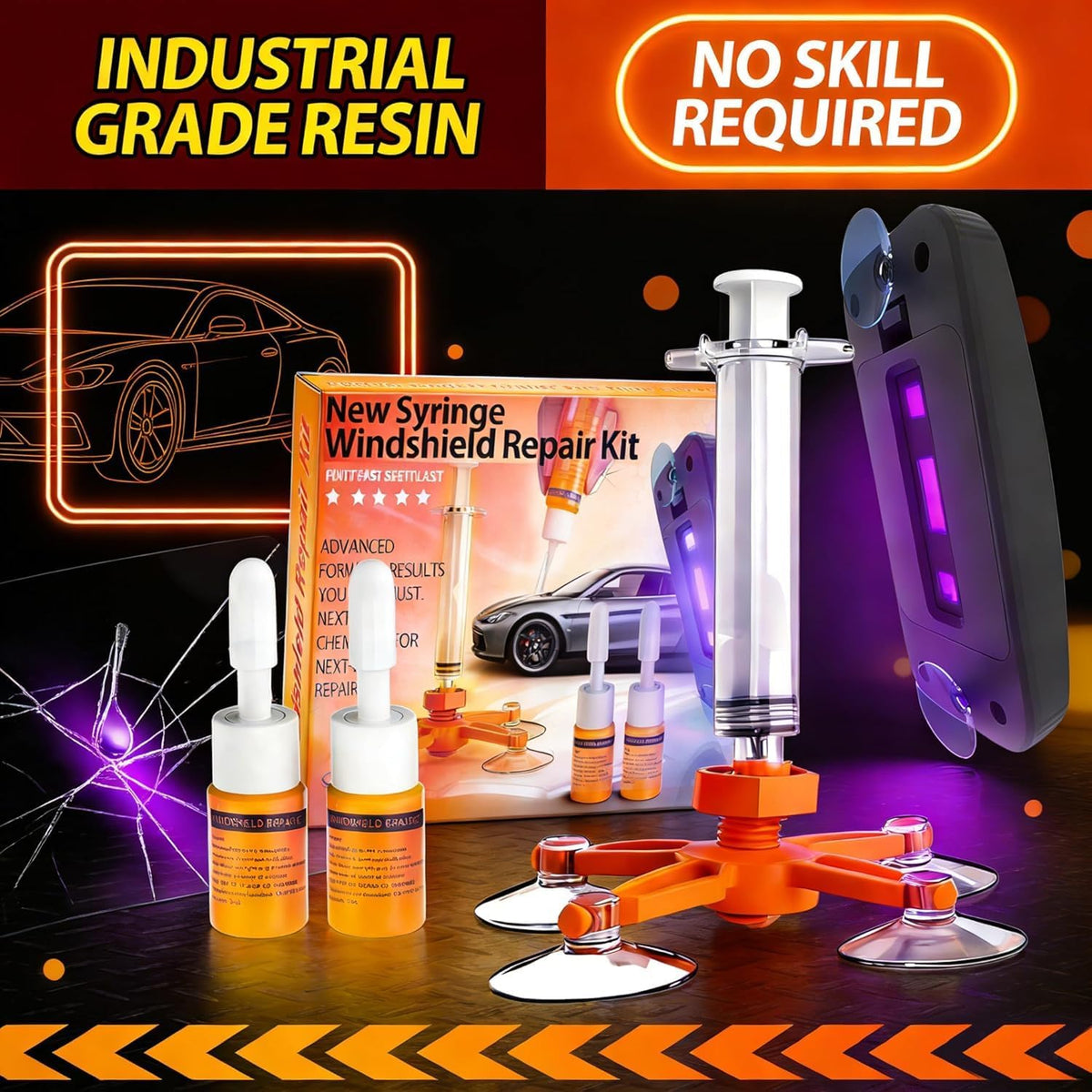 Windshield Repair Kit, Windshield Crack Repair Kit with Suction Cup Curing Light, 2 Pcs Car Glass Repair Kit Quick Fix for Chips & Cracks, Windshield Chip Repair Kit, Automotive Nano Fluid (Mandarin)