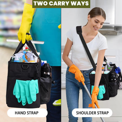 Large Cleaning Caddy Bag Built-in Sturdy Support Board, Cleaning Organizer with Detachable Divider, Cleaning Supply Tote with Adjustable Shoulder Strap&Waist Belt for Cleaners & Housekeeper