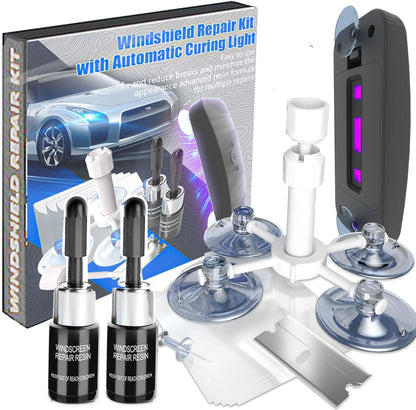 Windshield Repair Kit, 2 PCS Windshield Crack Repair Kit with Suction Cup Curing Light, Automotive Nano Fluid Vehicle Windscreen Tool, Glass Repair Kit for Chips and Cracks Professional ooo(Dark-Blue)