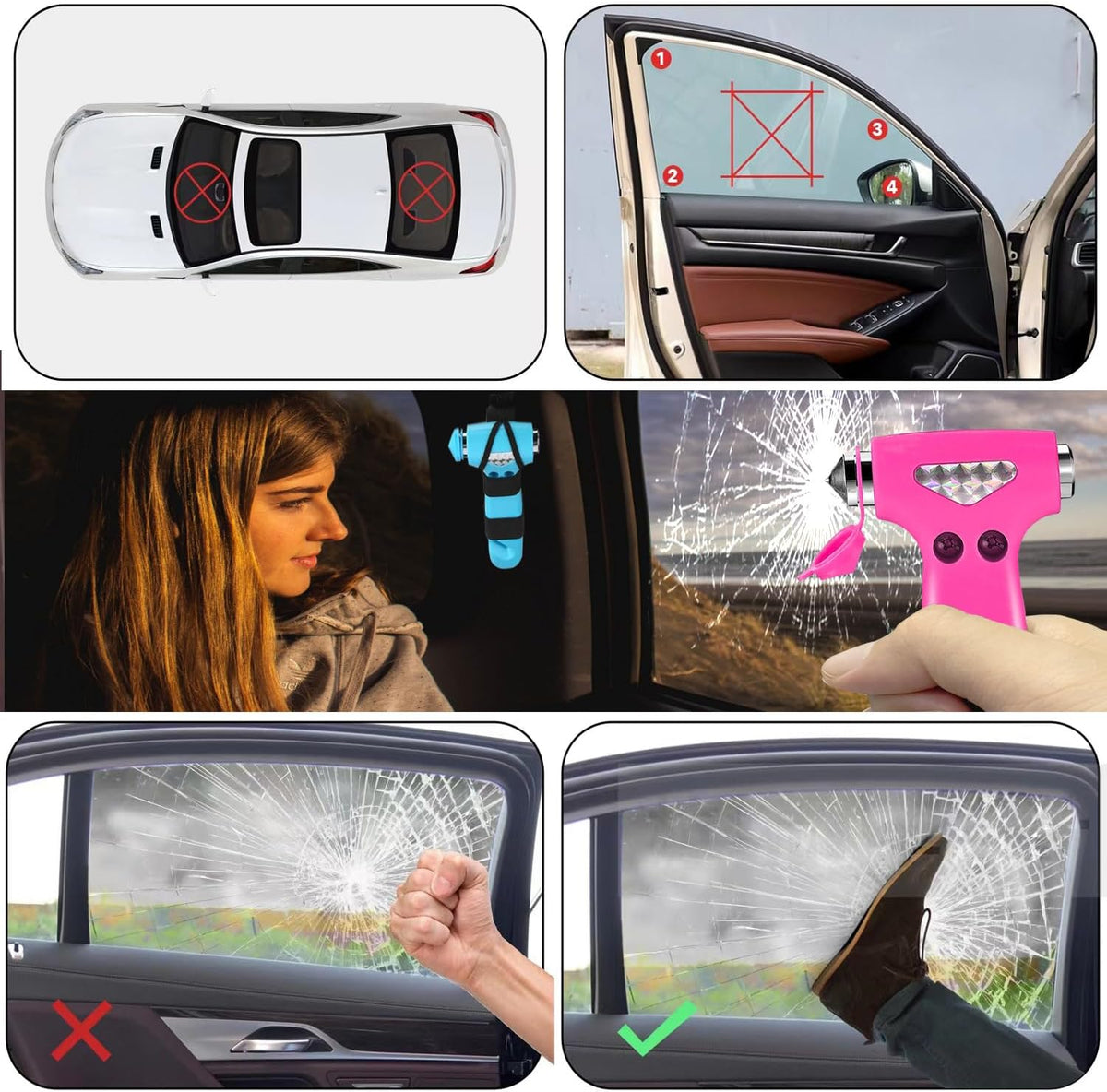 2 Pack Car Safety Hammer, 3-in-1 Emergency Escape Tool Window Breaker and Seat Belt Cutter with Light Reflective Tape for Family Safety Emergency Car Escape Tool