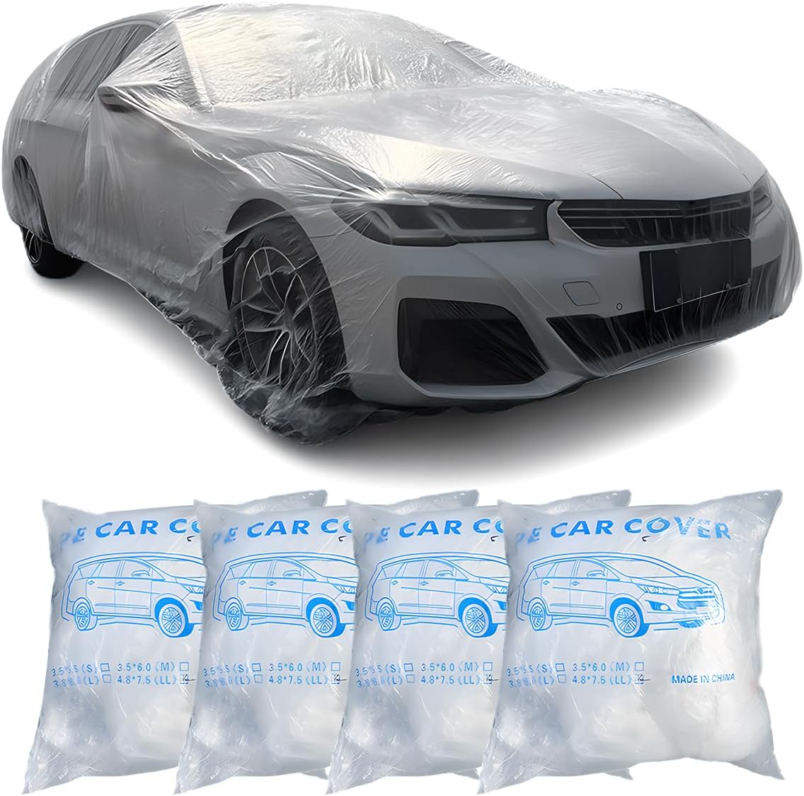 4PCS Disposable Car Cover, 12. 5 x 21. 7Ft Waterproof Clear Plastic Full Car Cover with Elastic Band, Universal Dustproof Auto Protective Cover, Car Exterior Accessories for Sedan, Truck, SUV