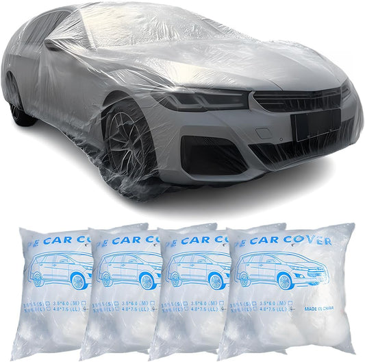 4PCS Disposable Car Cover, 12. 5 x 21. 7Ft Waterproof Clear Plastic Full Car Cover with Elastic Band, Universal Dustproof Auto Protective Cover, Car Exterior Accessories for Sedan, Truck, SUV