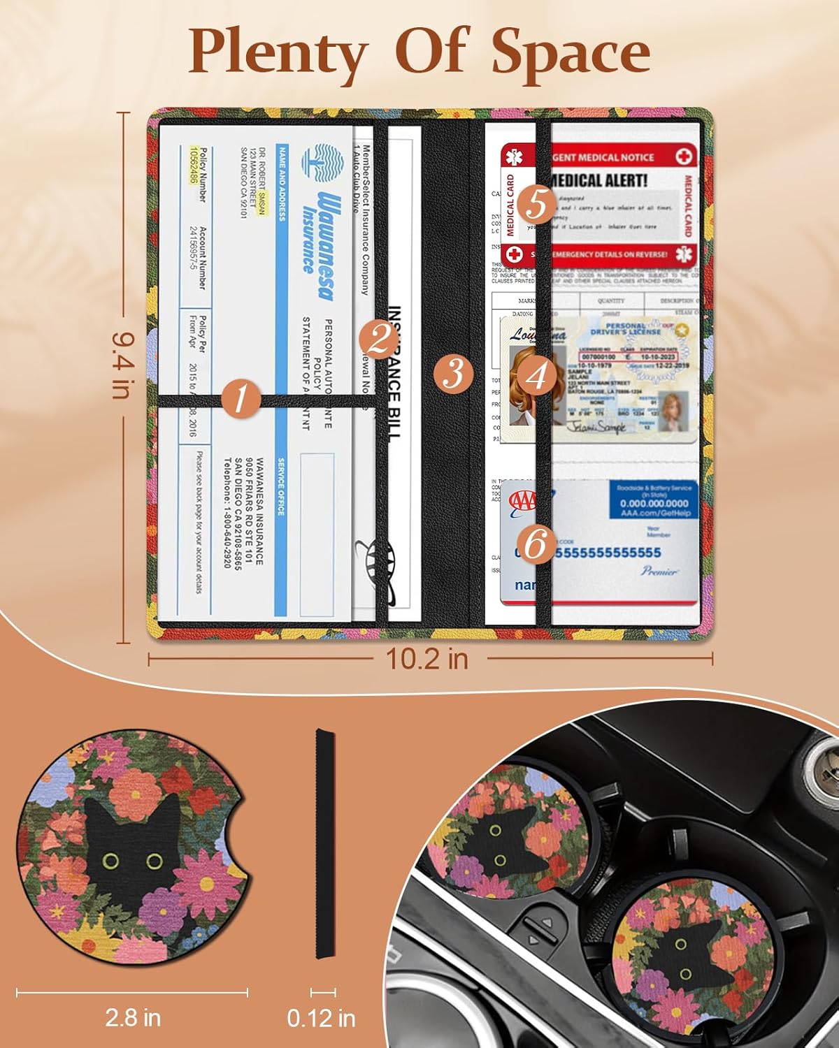 Slohif Car Registration and Insurance Card Holder with Magnetic Shut - Vehicle Glove Box Organizer Women Leather Automobile License Holders Coasters Auto Accessories Case for Document,Strawberry