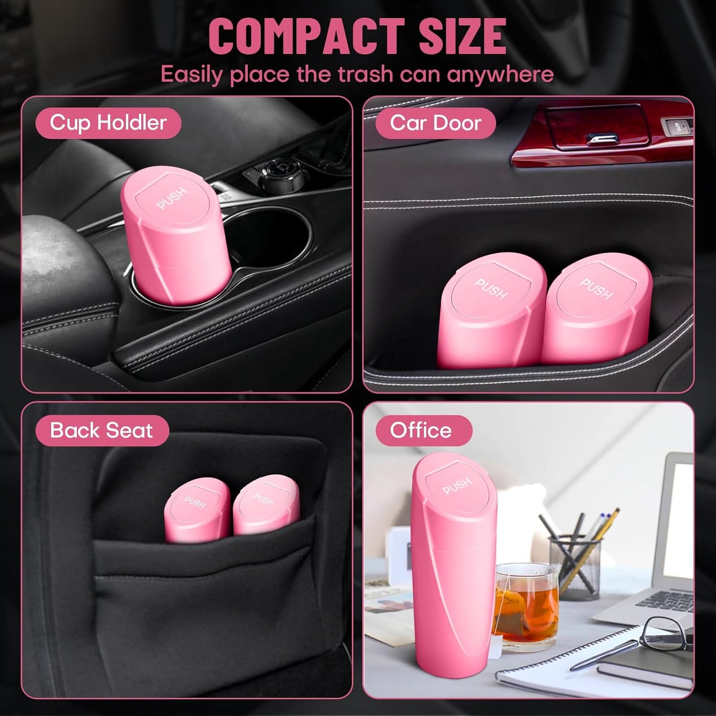 Car Trash Can Bin with Lid - Car Garbage Can Cup Holder - Pink Mini Leakproof Vehicle Garbage Bin with 20pcs Trash Bags - Automobile Organizers and Storage for Front Back Seat Accessories