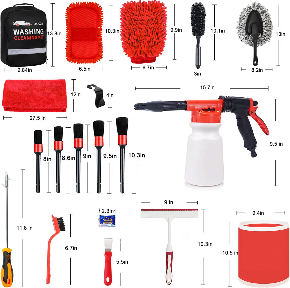 LIANXIN Car Wash Kit Car Wash Cleaning Kit with Car Wash Foam Gun Microfiber Sponge and Towels Tire Brush Built, Car Foam Gun, Car Cleaning Tool