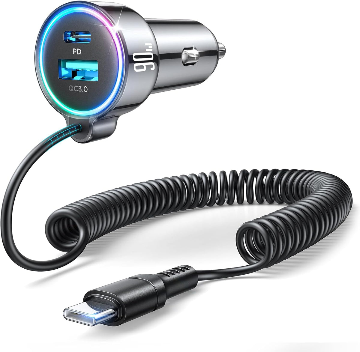 USB C 90W Car Charger for iPhone 17/16 Pro Max, PD & QC3.0 w/5 ft 45W Type Coiled Cable, Fast Car Phone Charger Adapter for iPhone 17Air/15 Pro, Samsung Galaxy S26/S25/S24, Pixel 10/LG/Android, iPad