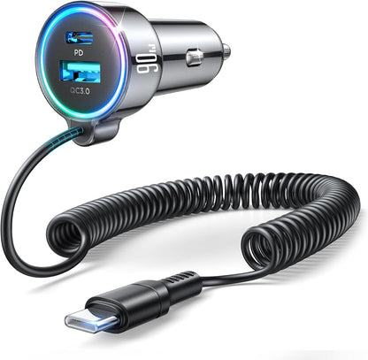 USB C 90W Car Charger for iPhone 17/16 Pro Max, PD & QC3.0 w/5 ft 45W Type Coiled Cable, Fast Car Phone Charger Adapter for iPhone 17Air/15 Pro, Samsung Galaxy S26/S25/S24, Pixel 10/LG/Android, iPad