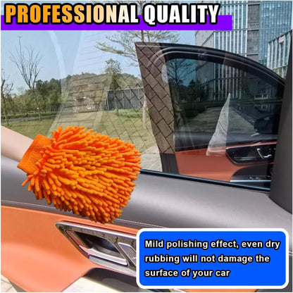 JOYCOURT 2PCS Microfiber Soft Chenille Car Wash Mitts, Scratch and Lint Free Car Dusting Glove, Double Sided Wash Mitt, Ultra Absorbent for Car Washing, Home Cleaning Mitt (Blue&Yellow)