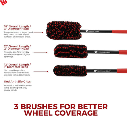 Wheel Woolies Car Detailing Brush Set - 3pc Car Wheel Brush Kit (18”, 12”, 12”) for Rims, Barrel, Spokes & Brake Dust | Soft No Scratch Rim Brush with Long Handle & Anti-Slip Grip | Made in USA