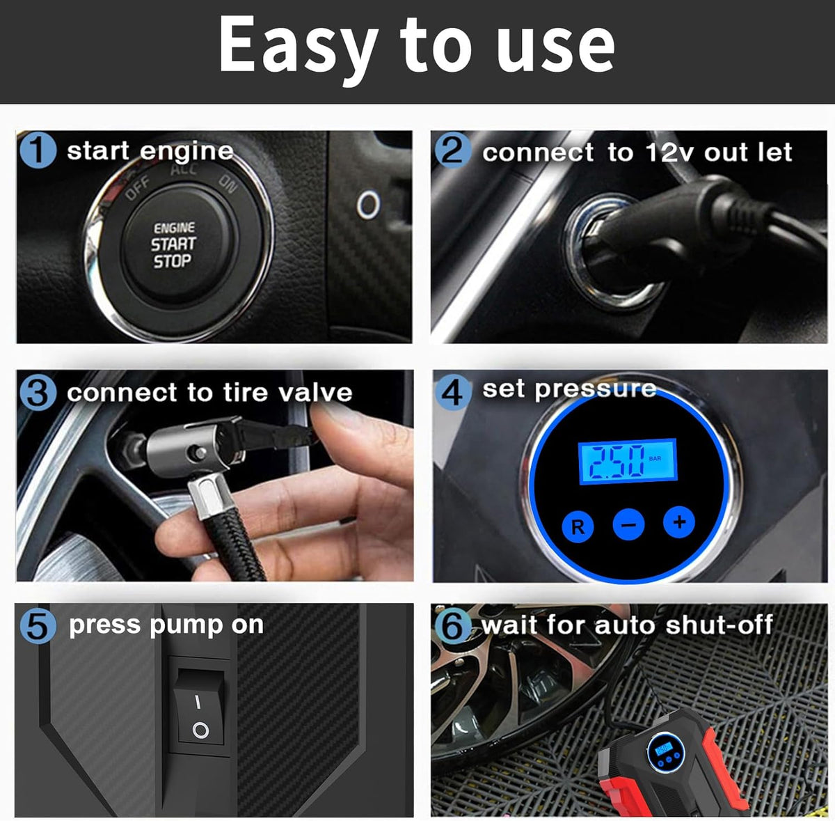 Digital Air Compressor for Car Auto Pump Portable Tire Inflator with LED Light DC 12V