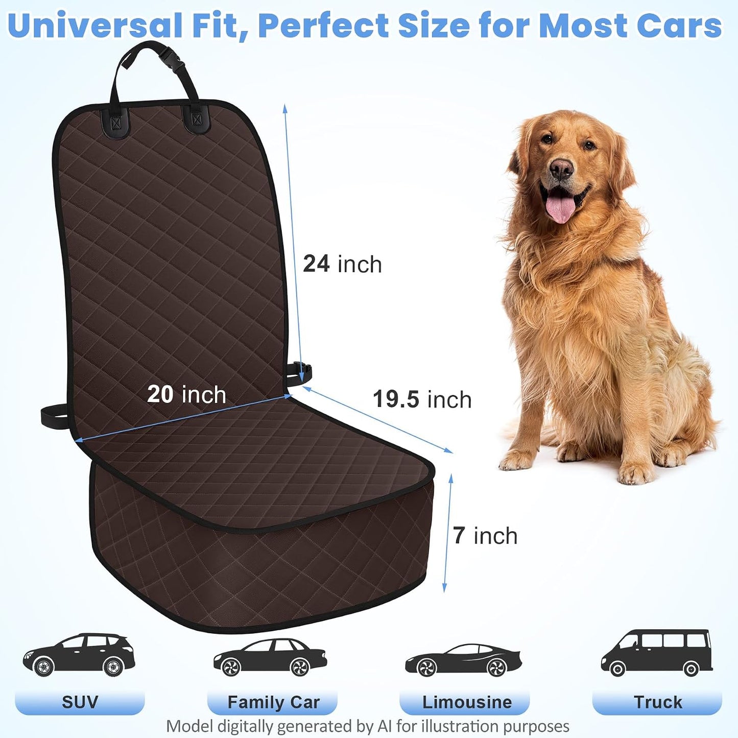 ELONGRIVER Dog Car Seat Covers, Waterproof Front Seat Cover for Dogs, Scratch-Proof, Nonslip Pet Passenger Seat Cover Protector, Universal Fit for Cars Trucks SUVs, Standard Size, Black