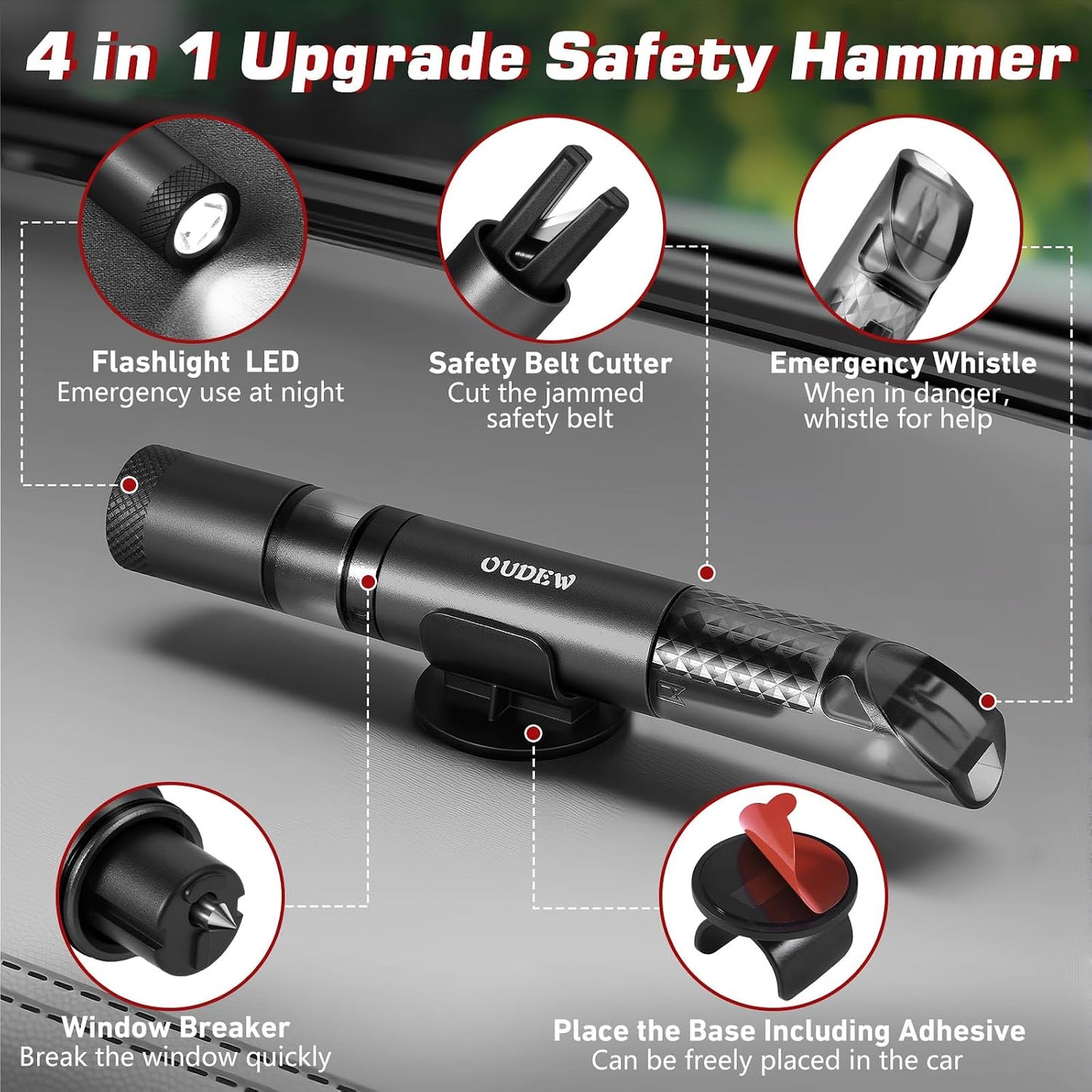 4-in-1 Car Window Breaker Seatbelt Cutter with Survival Whistle & LED Flashlight, Spring-Loaded Glass Breaker for Underwater, Portable Automotive Emergency Escape Tool, Black