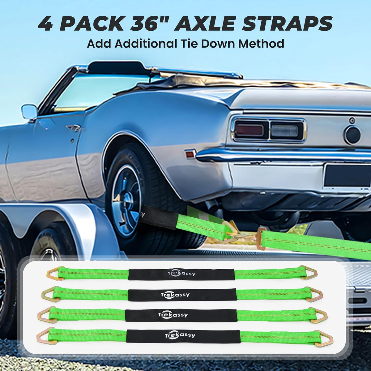 Trekassy 2" x 144" Car Tie Down Straps for Trailers, Heavy Duty Tire Tie Downs for ATV/UTV, 10000lbs Break Strength, Include 4 Axle Straps for Different Uses