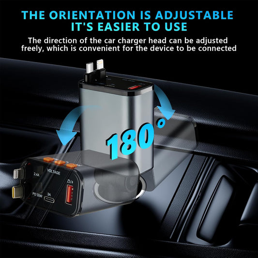 Retractable Car Charger,5 in 1 Fast Cars Phone Charger 60w,Bluetooth 5.3 FM Transmitter Adapter,Handsfree Call,MP3 Player,2 Retractable Cables and USB Chargers, for Phone,Galaxy,Pixel (Black)