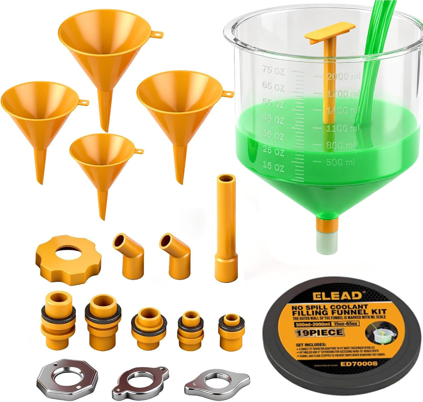 18-Piece No Spill Engine Oil Funnel Kit, 1.59QT/ 1.5L Automotive Coolant Funnel Set, 12 Adapters, Elbow Fitting, Arrow Screen & Magnetic Tray, Compatible with GM, Ford, BMW, Audi, Land Rover Etc
