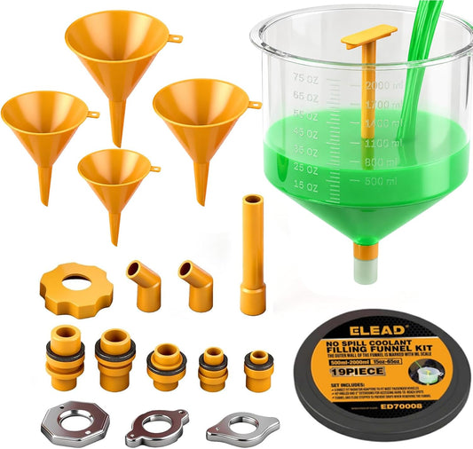 18-Piece No Spill Engine Oil Funnel Kit, 1.59QT/ 1.5L Automotive Coolant Funnel Set, 12 Adapters, Elbow Fitting, Arrow Screen & Magnetic Tray, Compatible with GM, Ford, BMW, Audi, Land Rover Etc