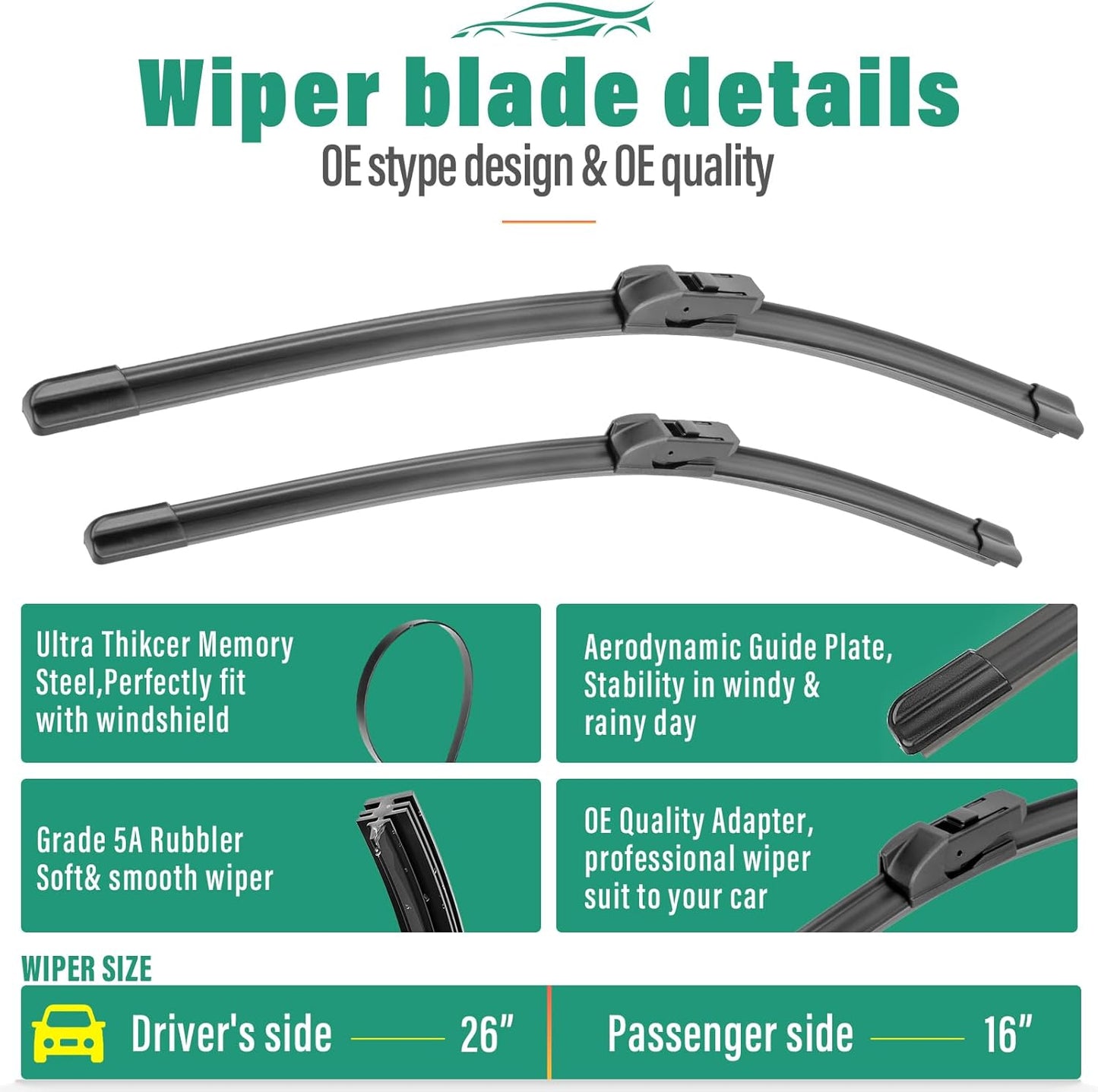 26" 16" 11" Windshield Wiper Blades Replacement for Chevrolet Chevy Trax 2024 2025 2026 Premium All Weather Front Rear Wipers Set - OEM Quality (Pack of 3) - Colors C