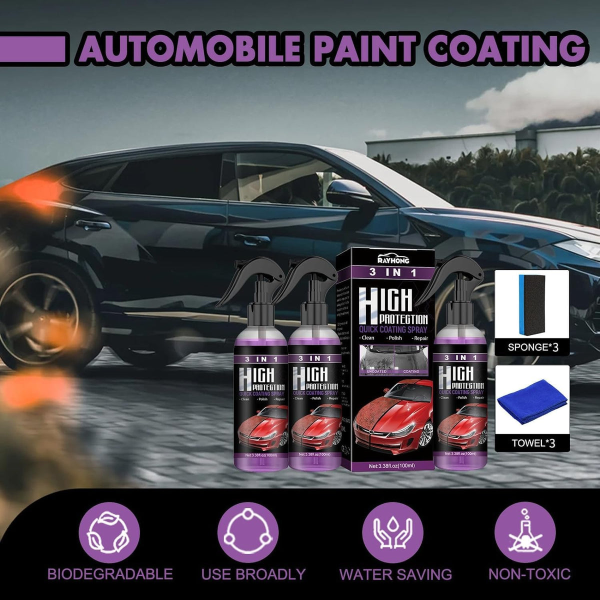 3Pcs Car Coating Spray, High Protection 3 in 1 Spray, 3 in 1 High Protection Quick Car Ceramic Coating Spray, 3-in-1 High Protection Car Spray, 3in1 High Protection Car Coating Spray