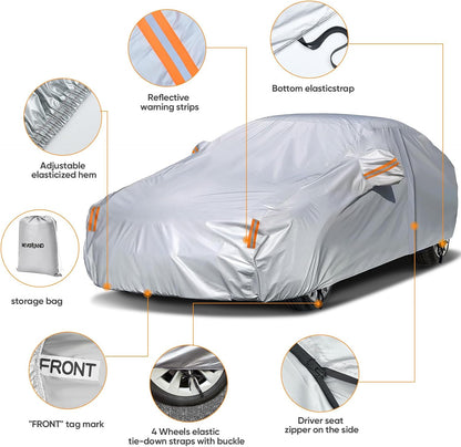NEVERLAND Sedan Car Cover Waterproof Heavy Duty All Weather Protection Snow Anti-UV Windproof Outdoor Full Car Cover Fit for Automobiles BMW/Mercedes-Benz/Honda（for Car Size:183''L x 70''W x 59''H）